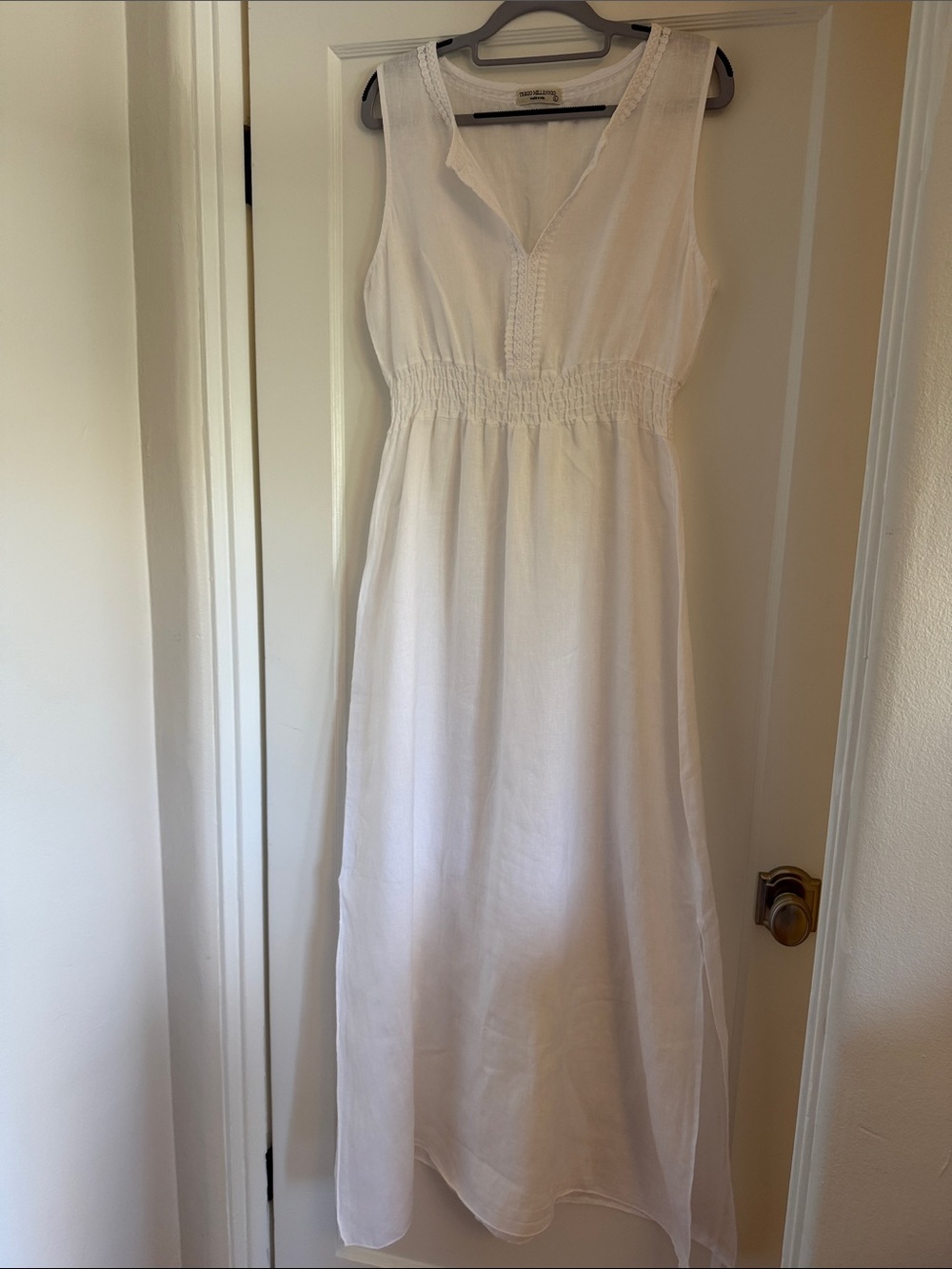 Sleeveless White Elegant Linen Maxi Dress with Smocked Waist